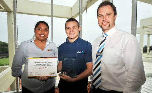 AES manager Tintinara Duroux, school-based trainee banker Joshua Collins, and ANZ branch manager Stuart Willman. AES manager Tintinara Duroux, school-based trainee banker Joshua Collins, and ANZ branch manager Stuart Willman.